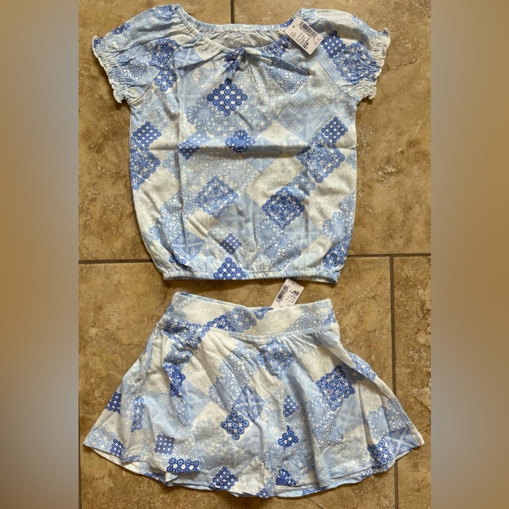 Girls 7/8 Medium M 2 Piece Set Top Skirt With Shorts White Blue NEW